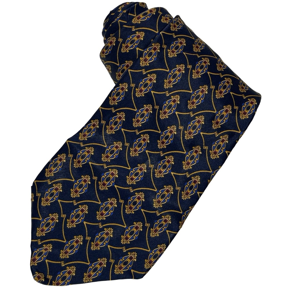 Vintage Domani Necktie Tie Navy Gold Geometric Medallion Italian Silk USA Made